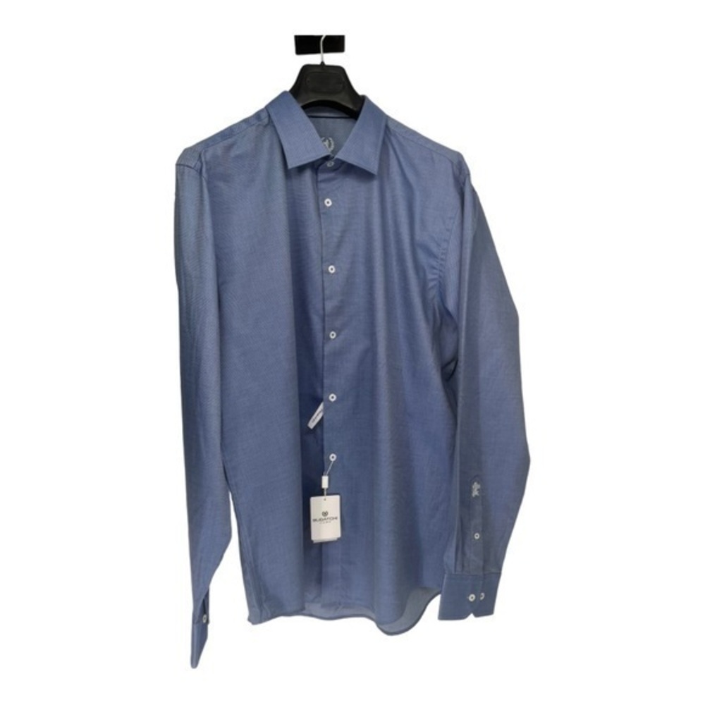 Bugatchi Uomo Navy Blue Dotted Long Sleeve‎ Men’s Dress Shirt Size 17.5 New